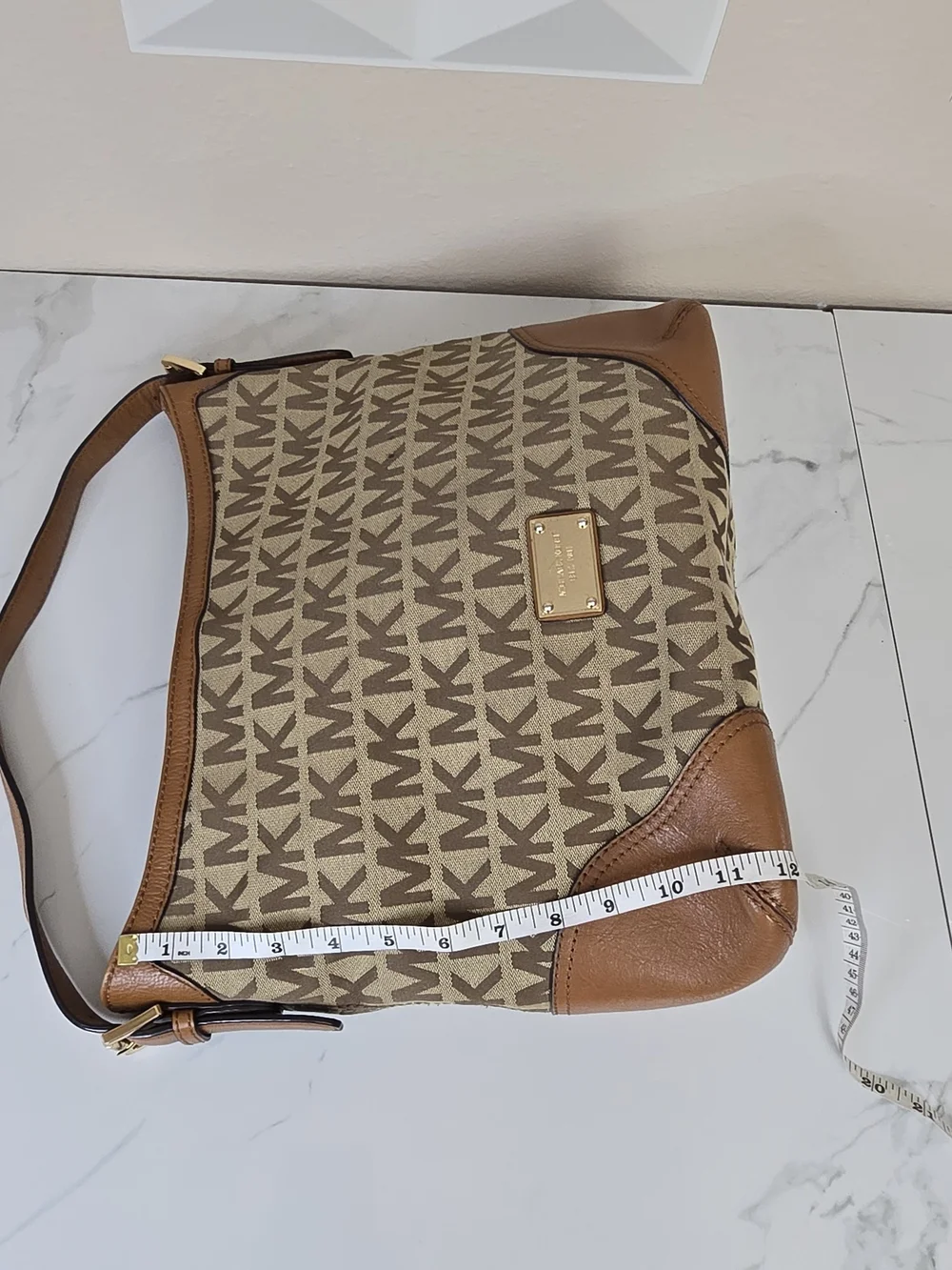 Michael Kors Large Logo Jacquard Hobo Shoulder Bag Tan Brown MK Monogram